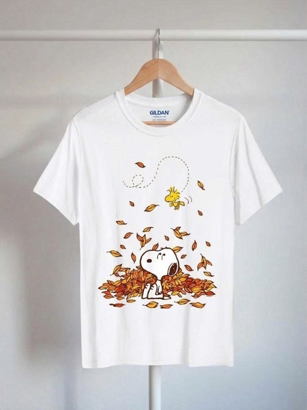 Cute Cartoon Dog & Bird In Fall Leaves Graphic Tee Autumn White Top
